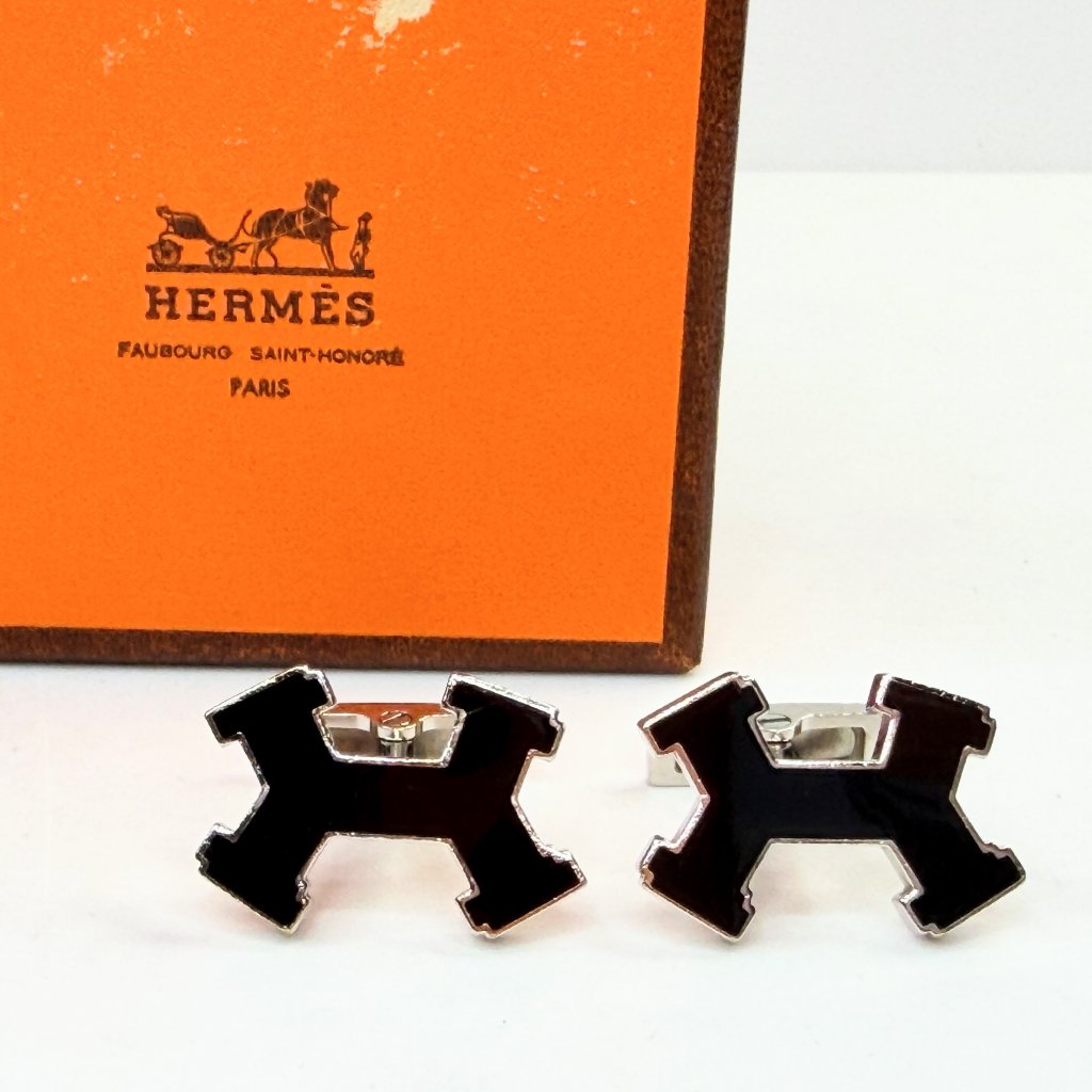 Vintage Hermes H Logo Black Enamel Palladium Cufflinks With Original Box Ss257
